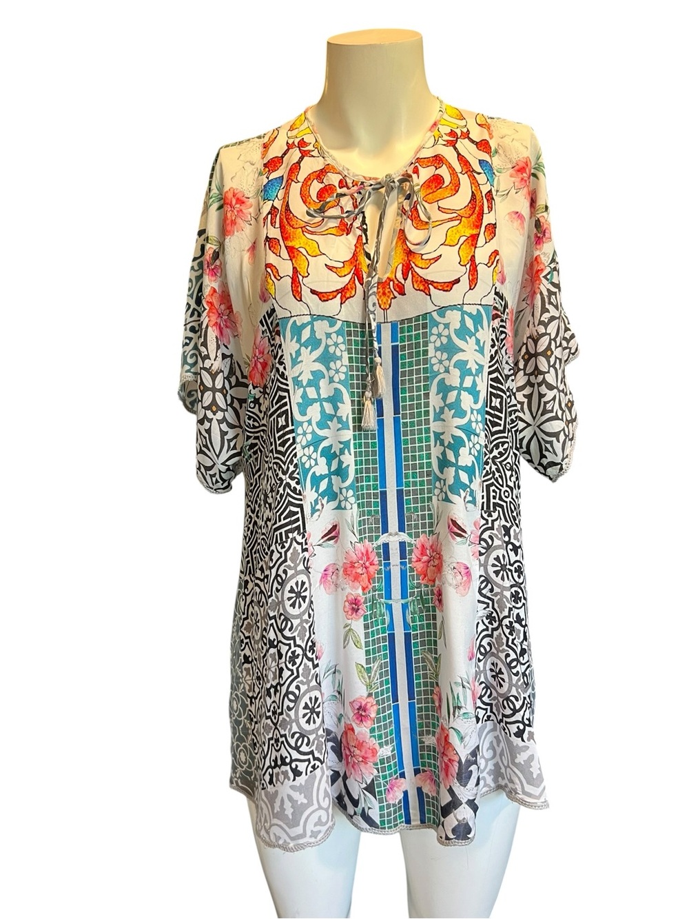 Johnny Was White Multicolor Floral & Geo Tie-Neck Tunic